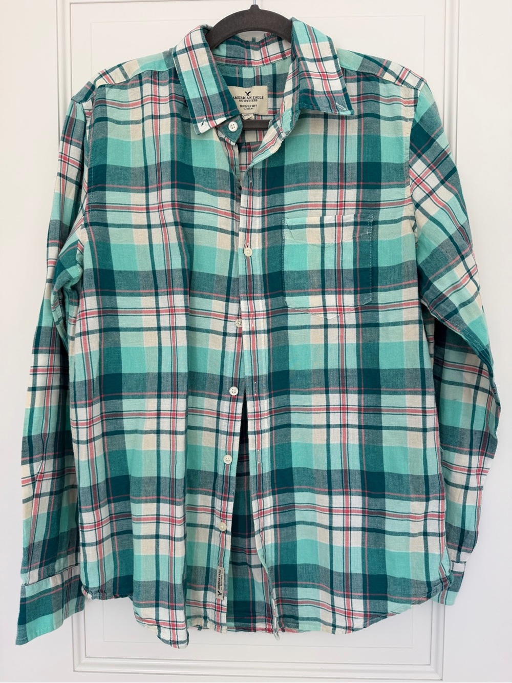 Men's American Eagle Seriously Soft Plaid Button-Up Shirt - Teal Green